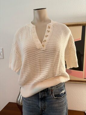 Varley Cream Open-Weave V-Neck Polo Sweater